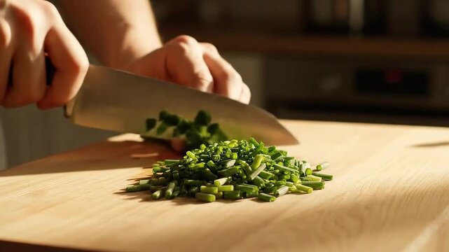 Chopping Fresh Green Chives on Wooden Board with Sharp Knife Preparing Herbs for Cooking Food Preparation in Kitchen Interior with Warm Sunlight Close Up Cooking Process 198 Characters