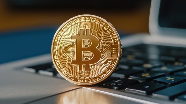Golden Bitcoin Coin on Laptop Keyboard in Modern Digital Age - Powered by Adobe