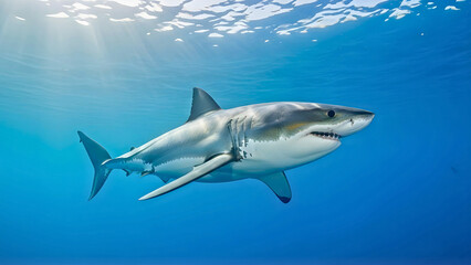 Majestic great white shark swimming peacefully in the clear blue ocean waters under beautiful sunlight, creating a sense of awe and wonder for marine life