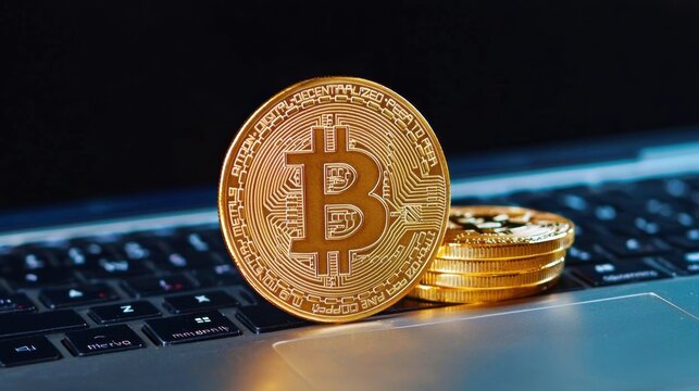 Golden Bitcoin Coins on Laptop Keyboard Symbolizing Digital Wealth