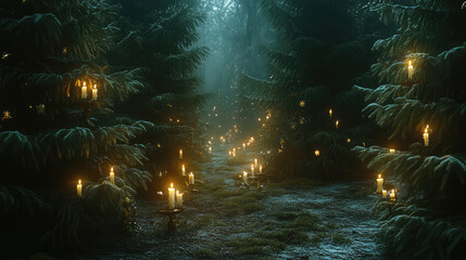 A serene Christmas forest with evergreen trees and candles softly glowing in the darkness , mystical, magic