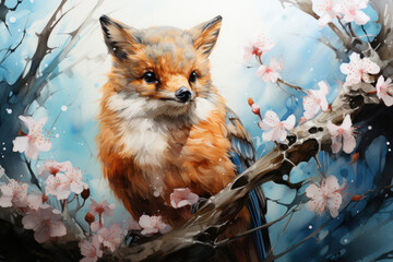 Obraz premium A watercolor fantasy illustration of a cute ginger animal, a combination of fox and bird, perched on a branch amid delicate cherry blossom petals. 