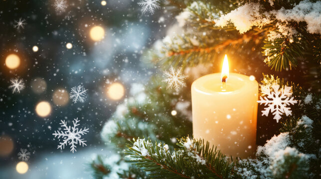 Soft candlelight on a Christmas tree amidst snowflakes, evergreen trees, soft candlelight - Powered by Adobe