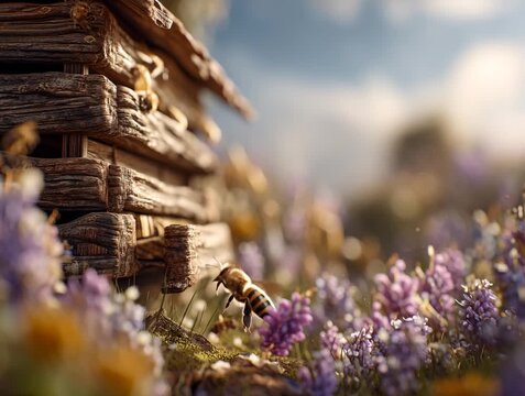 Explore the intricate world of bees in a vibrant flowering garden near an artisanal beehive