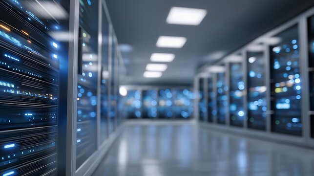 Wide-angle shot of a futuristic data store center with blue LED racks, cooling systems, and holographic analytics floating above — cloud computing, big data processing, and AI-powered data - Powered by Adobe