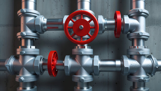 Metal Pipes Valves Red Triangular Formation Industrial Equipment 3D Rendering Gray Concrete Wall Flow Control Realistic Scene Generative AI