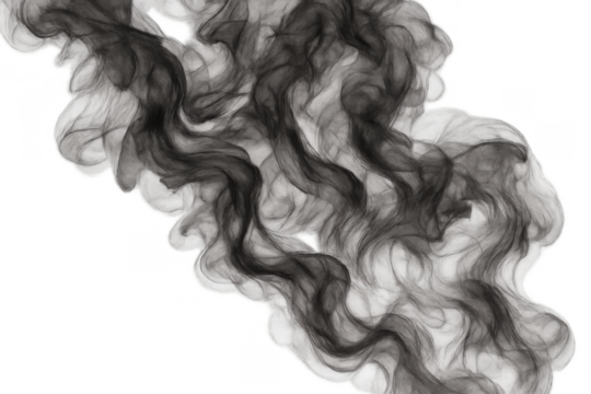 Black smoke creating swirling abstract patterns and organic shapes, flowing on a transparent background for creative overlays