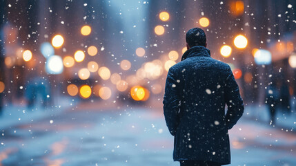Man in the city walks in snow, lights out of focus in background