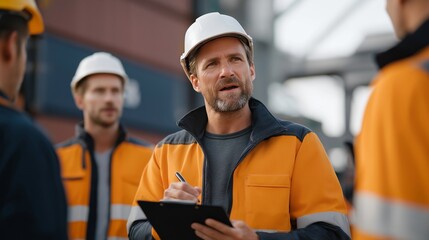 A distribution center manager hosting a team briefing beside stacked containers, employees gathered with clipboards and scanners ready for the shift — operations strategy, workforce coordination,