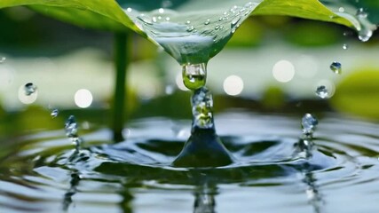 Close Up Macro Of A Single Water Droplet Falling From A Green Leaf Creating Ripples On Calm Water With Soft Bokeh Background - Powered by Adobe