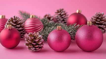 pink christmas decorations on a pink background
