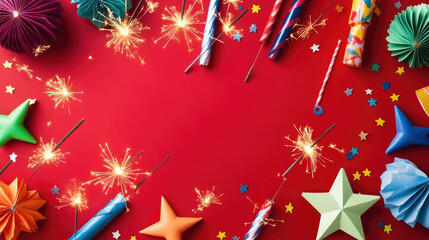 Festive decorations featuring stars, sparklers, and colorful party favors on a red background.