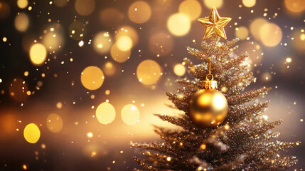 Abstract Christmas Tree with Golden Shiny Ornament in Low Resolution Version 2-4x