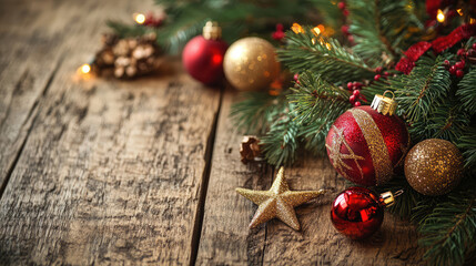 Vintage Christmas decor on rustic wooden background with festive decorations and holiday ornaments for nostalgic holiday celebration