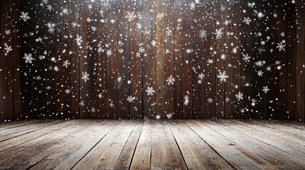 Rustic Winter Theater Stage: Snowflakes Falling on Wooden Stage Backdrop
