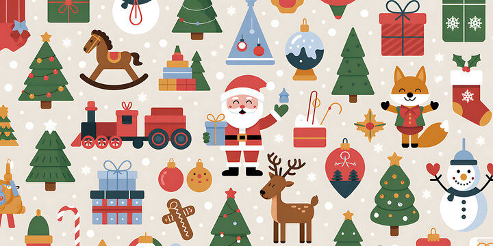 Whimsical christmas pattern with festive icons and toys