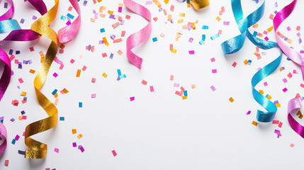 Colorful serpentine streamers and confetti on white background Celebration party and holiday concept
