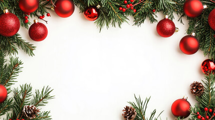 A vibrant Christmas garland with red baubles and pine branches creates a festive border for any holiday greeting or decoration