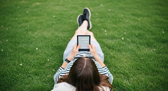 Top-down view of a woman lying on a lush green lawn, enjoying her leisure time by reading an interesting story on a modern electronic book reader
