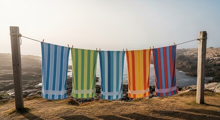 Five vibrant, striped towels are clipped to a rustic clothesline between two wooden posts, drying in the breeze above a scenic, rocky shoreline on a hazy summer day