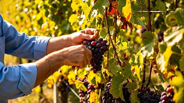 Close Up of a Caucasian Male Harvesting Ripe Red Grapes in a Vineyard under a Bright Sky Sunny Day with Green Leaves and Sunlight Gleaming Through the Canopy at Grape Farm for Stock Footage