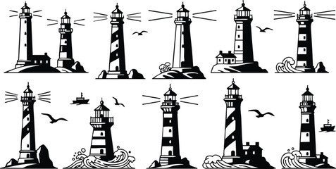 Fototapeta premium Various lighthouse illustrations showcasing unique designs and styles for maritime themes and nautical art 