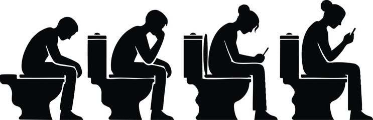Bathroom habits illustrated through four stages of smartphone use while seated on a toilet 