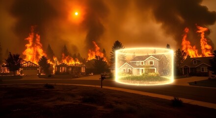 In a surreal, dramatic scene, a suburban house is encased in a glowing energy shield, starkly contrasting with the raging wildfire consuming neighboring homes under a smoke-filled, 