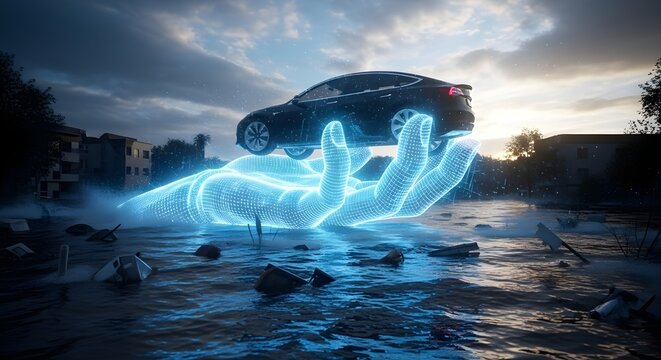 A digital wireframe insurance hand gently lifts a modern car above a flooded landscape under a dramatic sky, creating a surreal and cautionary image emphasizing the impact of floods, 