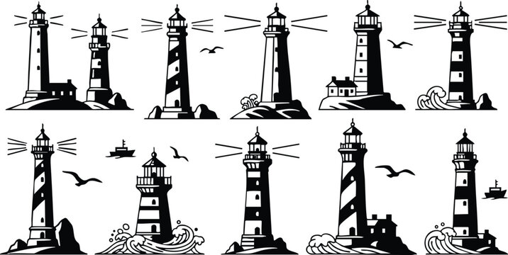 Various lighthouse illustrations showcasing unique designs and styles for maritime themes and nautical art 