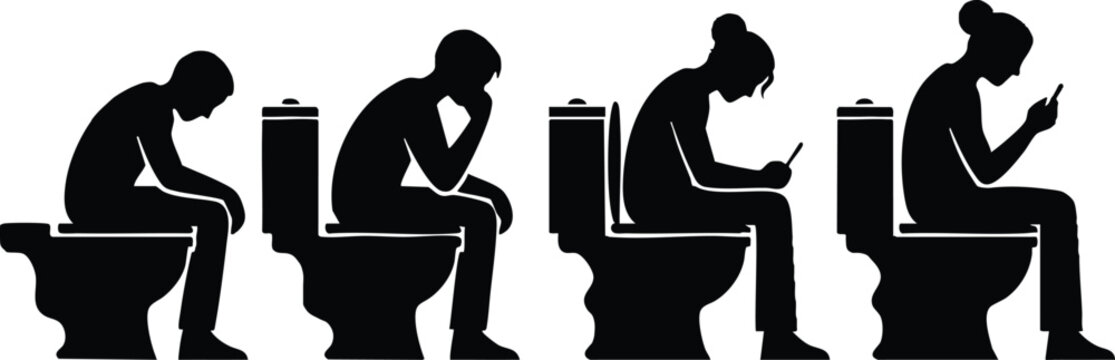 Bathroom habits illustrated through four stages of smartphone use while seated on a toilet 