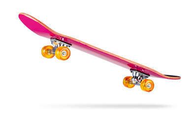 Dynamic pink skateboard with bright orange wheels floating in midair, presented on a transparent PNG background, ideal for creative design, product mockups, ads, and layout compositions.
