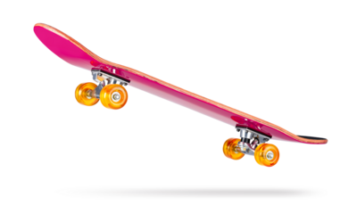 Dynamic pink skateboard with bright orange wheels floating in midair, presented on a transparent PNG background, ideal for creative design, product mockups, ads, and layout compositions.