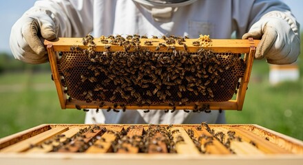 A beekeeper in a white protective suit and gloves carefully inspects a wooden honeycomb frame covered with a colony of honeybees at an outdoor apiary on a sunny day