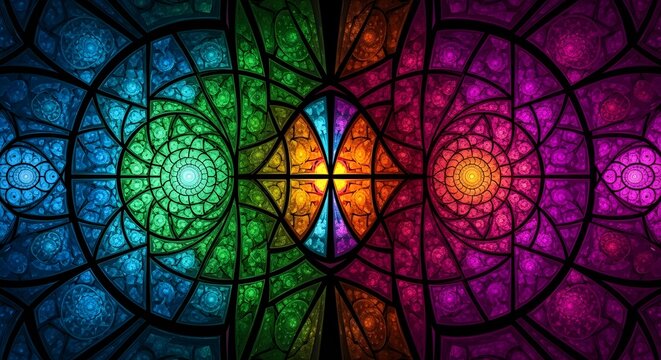 A vibrant fractal pattern featuring colorful spiral designs and a symmetrical layout - Powered by Adobe