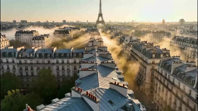 Golden hour foggy morning over paris rooftops with eiffel tower