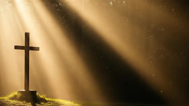 Mysterious forest scene featuring a cross illuminated by ethereal rays of light, showcasing a gradual zoom in on the sacred symbol, enhancing the spiritual ambiance and connection to nature