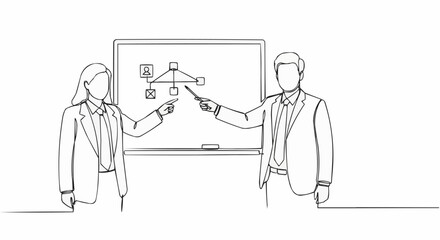 Continuous line drawing of business colleagues presenting a strategy.