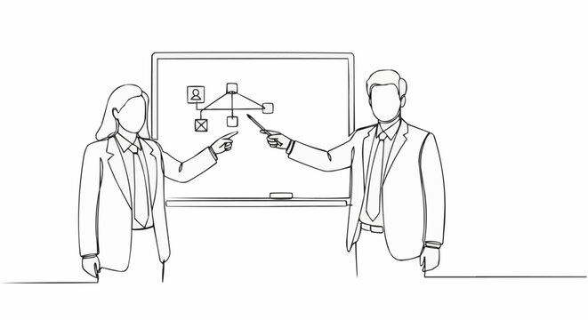Continuous line drawing of business colleagues presenting a strategy.