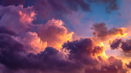 Radiant sunrise above textured clouds, casting golden beams and painting the sky in pink, orange, and lavender. Dramatic, ethereal scene evoking awe and serenity.