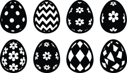 Decorative black and white Easter eggs with various patterns including polka dots, zigzag, and flowers for festive celebrations 