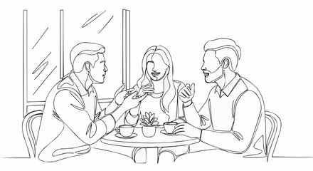 Three friends enjoying coffee and conversation at a cafe table.