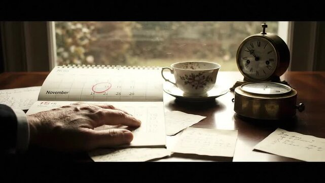 Close Up of Man Reviewing Paperwork at Desk with Tea Calendar and Clock Set Against Window Light in Low Key Lighting and Intimate Setting for Office or Personal Time Management 189 Characters