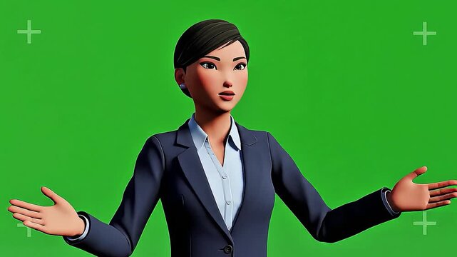 Professional woman in business suit gesturing on green screen background - Powered by Adobe