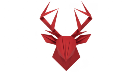 Red origami deer head isolated on a transparent background