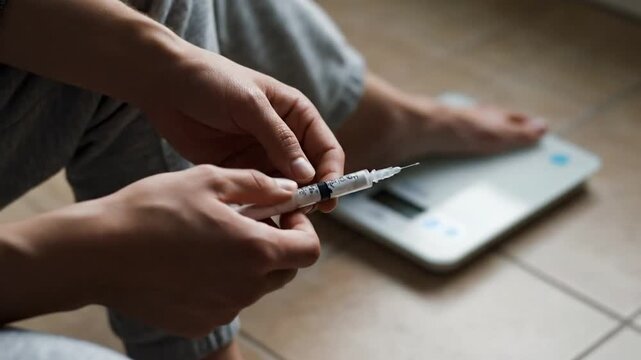 Close Up of Person Preparing Insulin Injection near a Weight Scale in a Neutral Tone Room Shows Diabetes Management and Medication Process and Treatment for Commercial Footage 198 chars
