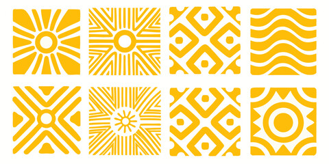 Set of eight yellow geometric square african inspired patterns