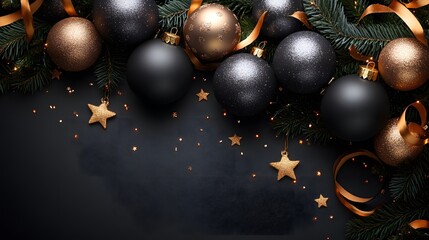 Holiday decorations with black and gold ornaments and festive stars on a dark background