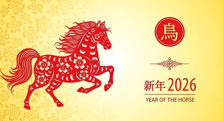 A Festive Red Paper Cut Style Horse Design Galloping Across A Bright Golden Background Celebrating The Traditional Chinese New Year And Lunar Zodiac Sign Of The Powerful Horse For The Upcomi