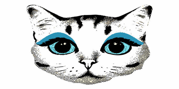 Pop art style cat face with blue eyeshadow illustration